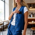 thumbnail image 4 of TEAJOPSUU Women's 2 Piece Linen Cotton Outfits Sets V Neck Button Vintage Vests Cargo Wide Leg Palazzo Pants with Pockets Matching Solid Sets Blue, 4 of 9