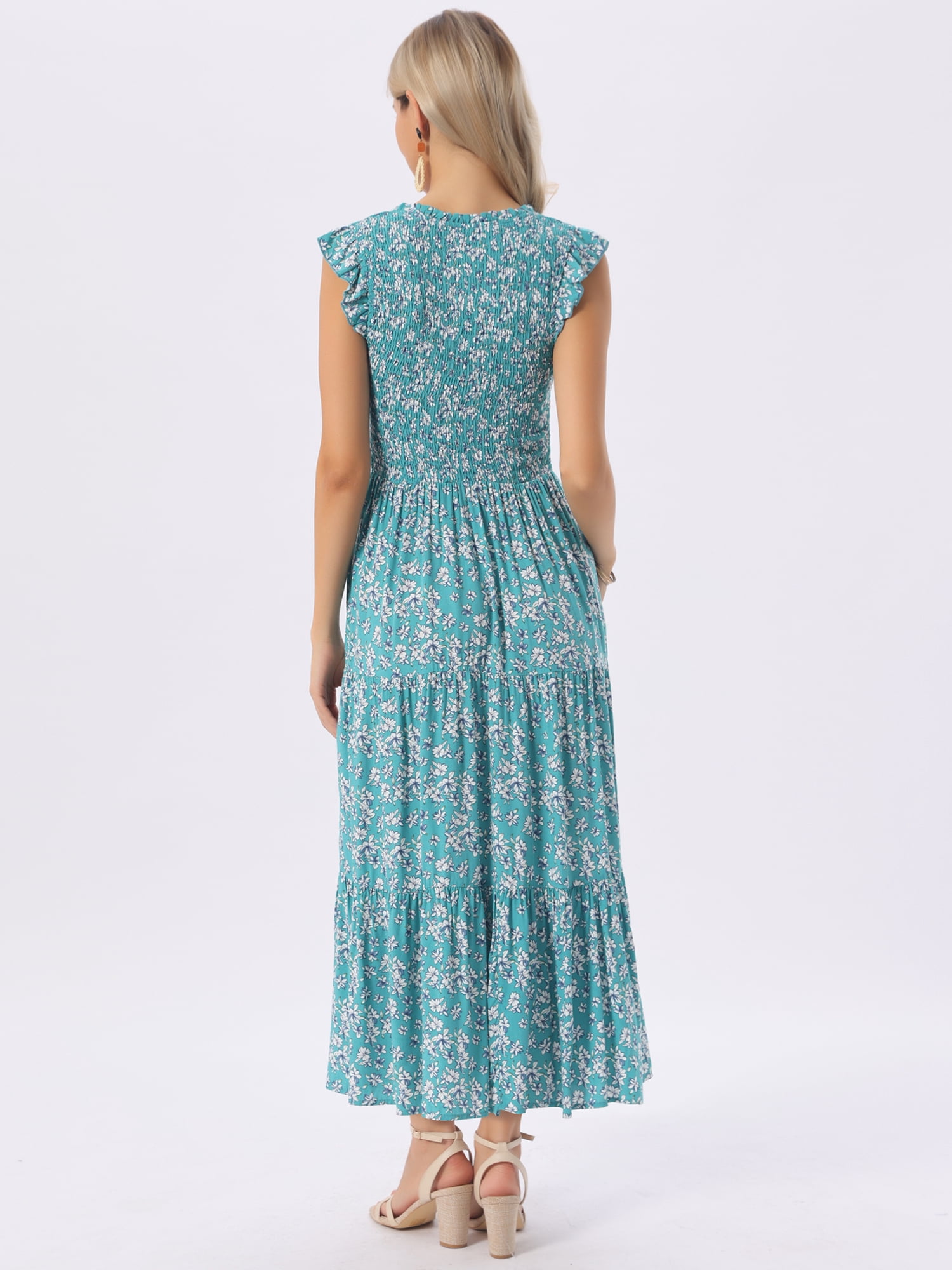 DARING DIVA V Neck Smocked Ruffle Tiered Maxi Dress Medium Green
