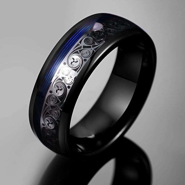 Anillo de cuerda de guitarra con incrustaciones negras eléctricas de acero de tungsteno de 8 mm de ancho para hombre y mujer