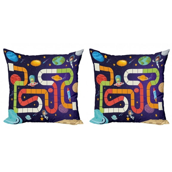 Alien Throw Pillow Cushion Cover Pack of 2, Cartoon Astronaut Children Playing Around Flying in Space Mysterious Tube, Zippered Double-Side Digital Print, 4 Sizes, Indigo and Multicolor, by Ambesonne