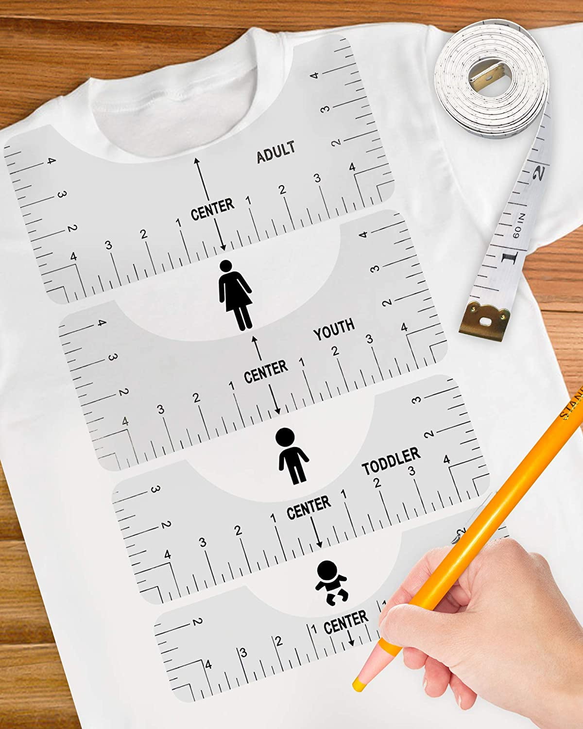 Adult Youth Toddler Infant 4PCS T-Shirt Alignment Ruler T-Shirt Alignment Tool-for Guiding T-Shirt Design Shirt Ruler Guide Tool,Fashion Center Design Rulers with Size Chart 