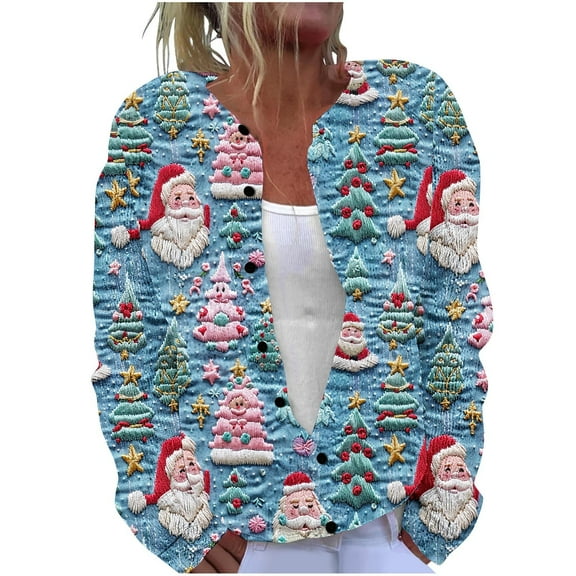 Auroural Ladies Sweaters Long Sleeve V-Neck Sweaters for Women Plus Size Cardigan Button Up Ladies' Casual Printed Knitted Cardigan with Button Up Jacket and Top