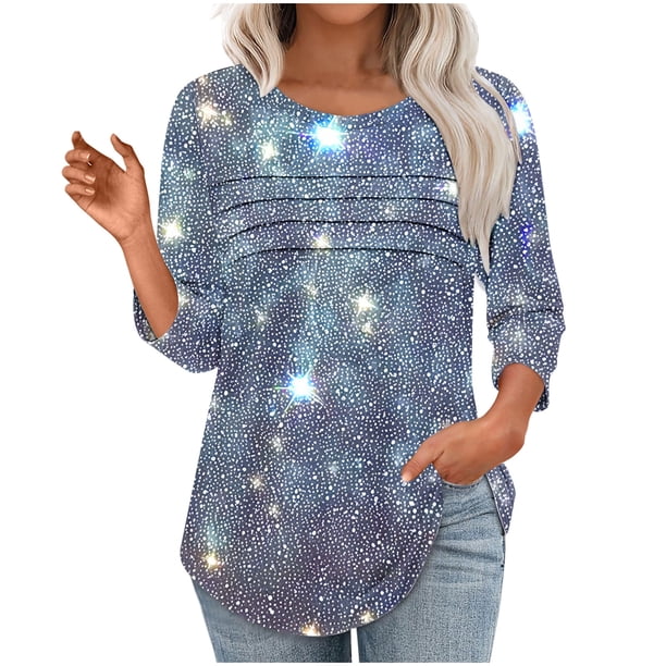 Heisall Womens Tops 3/4 Sleeve Round Neck Loose Casual Tshirts Striped Print Pullover