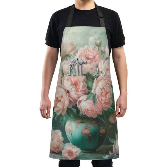 Kitchen Apron with 2 Pockets Adjustable waterproof Cooking Aprons for Women Men Chef Peonies Bouquet in Vases