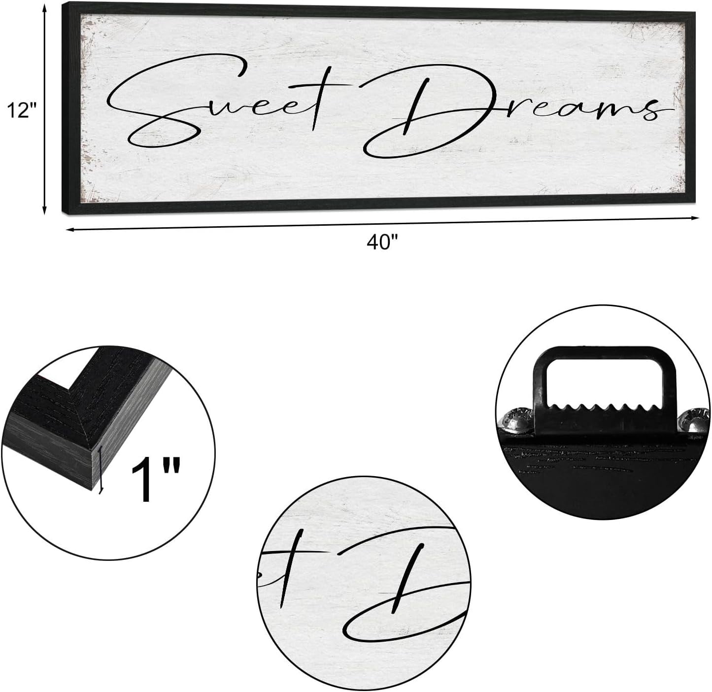 CDDposter Sweet Dreams Sign Bedroom Decor: Sweet Dreams Wall Decor Above Bed Large Farmhouse Guest Room Hanging Plaque Framed Wall Art for Over Bed 12" x 40"