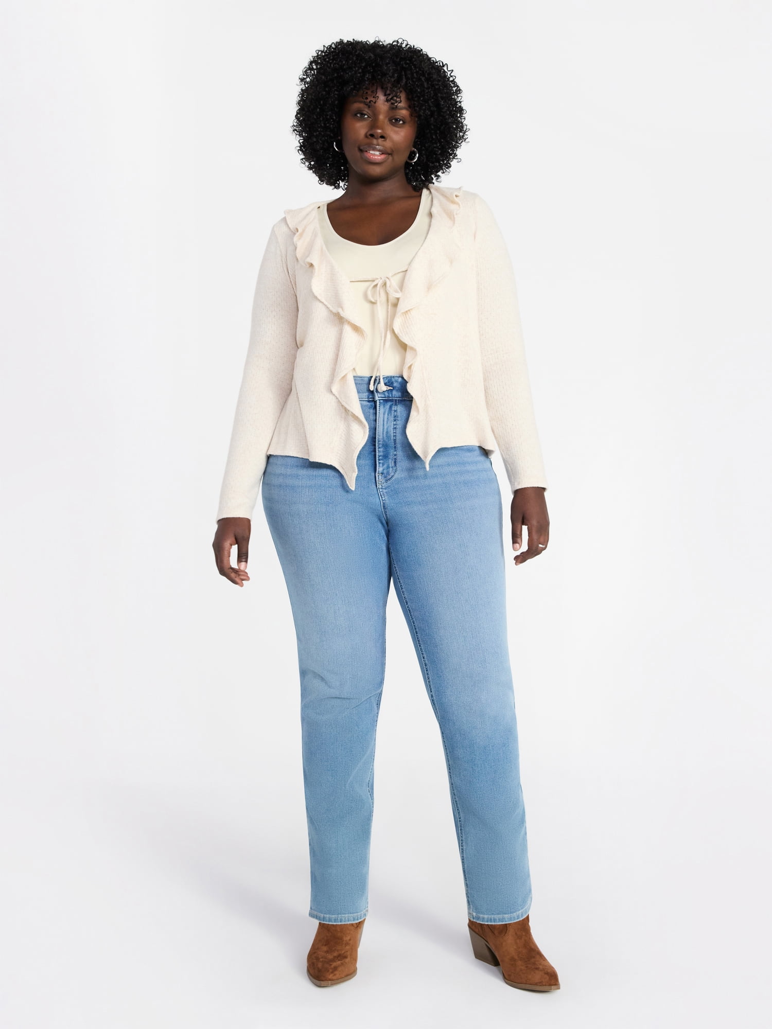 Women's Plus Tie Front Ruffle Cardigan Sweater, Sizes 0X-5X - image 3
