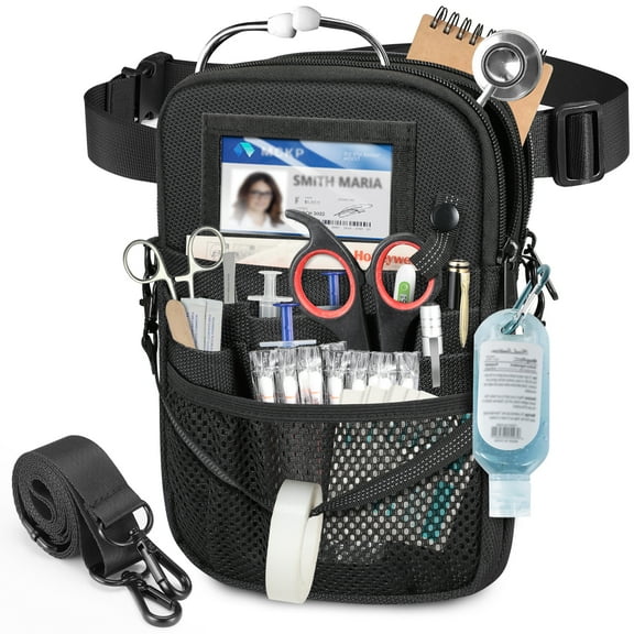 Nurse Fanny Pack with Tape Holder, SITHON Multi Compartment Medical Gear Pocket Belt Bag Nursing Organizer Pouch | Utility Waist Pack for Stethoscopes, Bandage Medical Supplies, 2 Zipper, Black