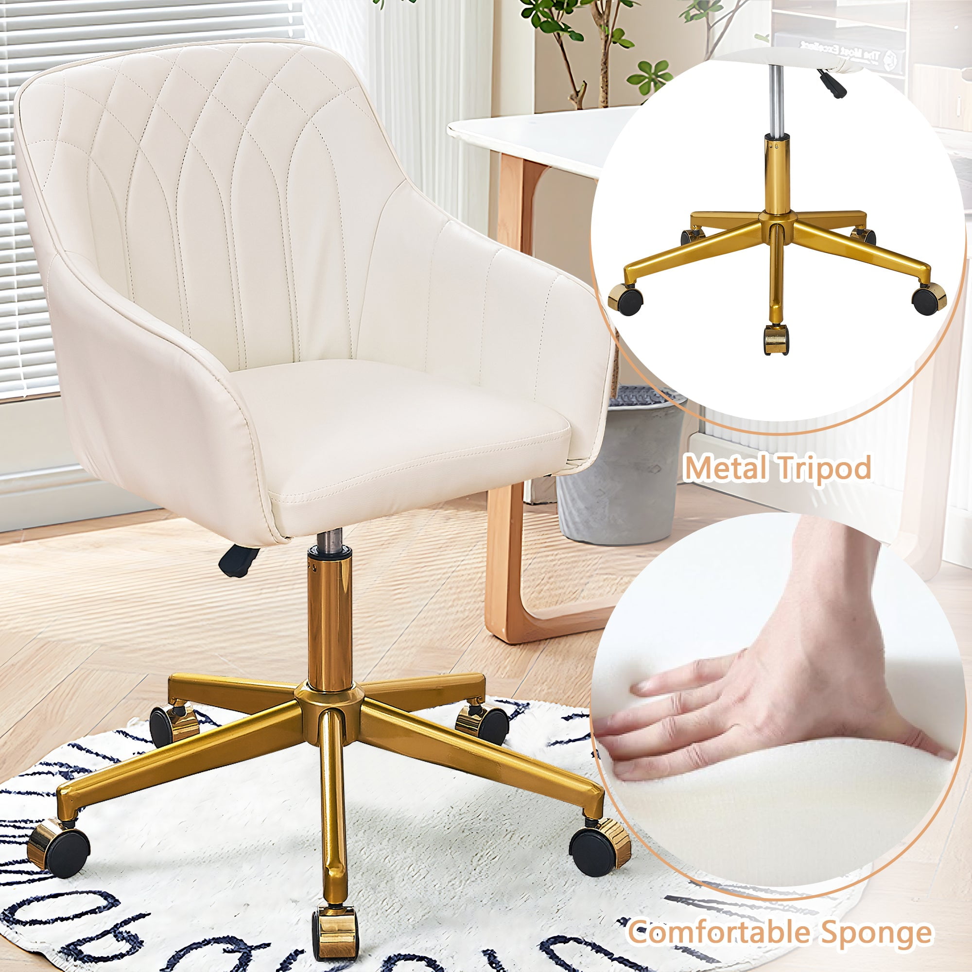 VECELO Home Office Chair, Modern Upholstered Swivel Desk Chair with Gold Base, Adjustable Height Vanity Chair for Study, Living Room, Bedroom, White