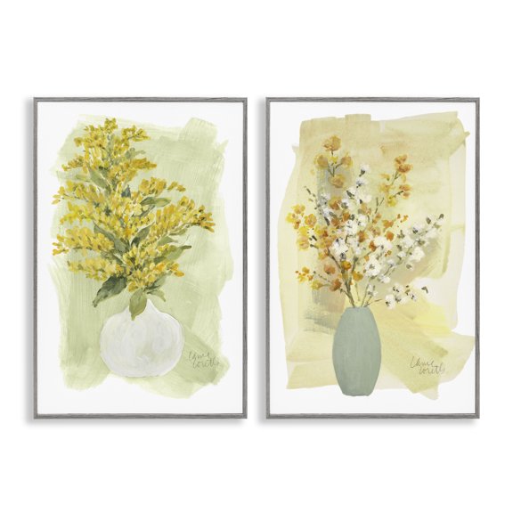 Stupell Industries Yellow Wildflowers in Bloom Floral & Botanical Painting Gray Framed Art Print Wall Art, 12 x 18, Set of 2