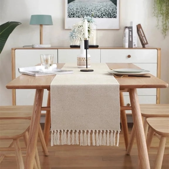 Burlap Table Runner 13" W*73" L Light Jute Solid Color Tassel Dining Table Decoration For Farmhouse Home Party Daily Use