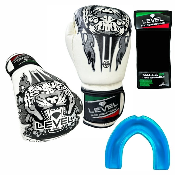 Guantes de Boxeo 14 Oz Onzas Level Kit con Protector Bucal Muay Thai Kick Boxing Mma Box con Malla Transpiracion Mod Tigre