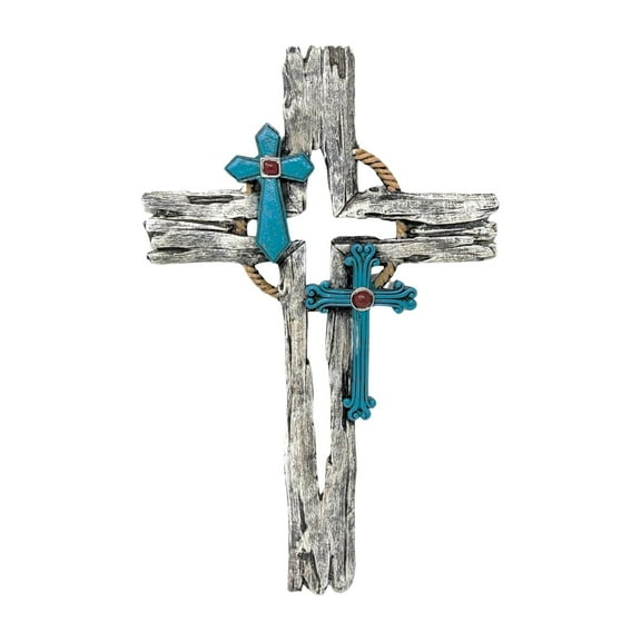 Layered Faux Driftwood Cutout Wall Cross - Resin Rustic Distressed Driftwood Look with Turquoise Crucifix for Southwestern Spiritual & Religious Wall Décor - Inspirational Wall Art for Home & Office