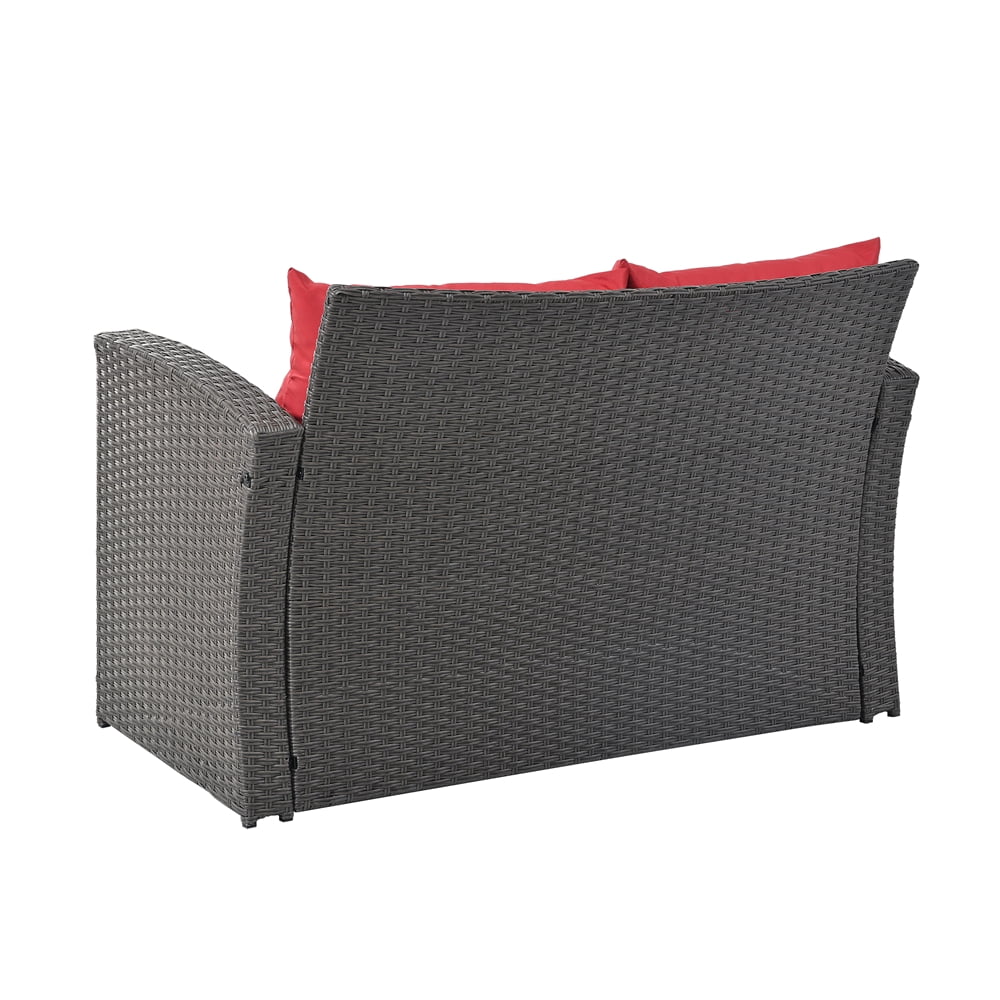 4 Pieces Patio Conversation Set, Outdoor Furniture Set with Cushion, Outside Sectional Rattan Wicker Sofa for Garden, Porch, Backyard, Red