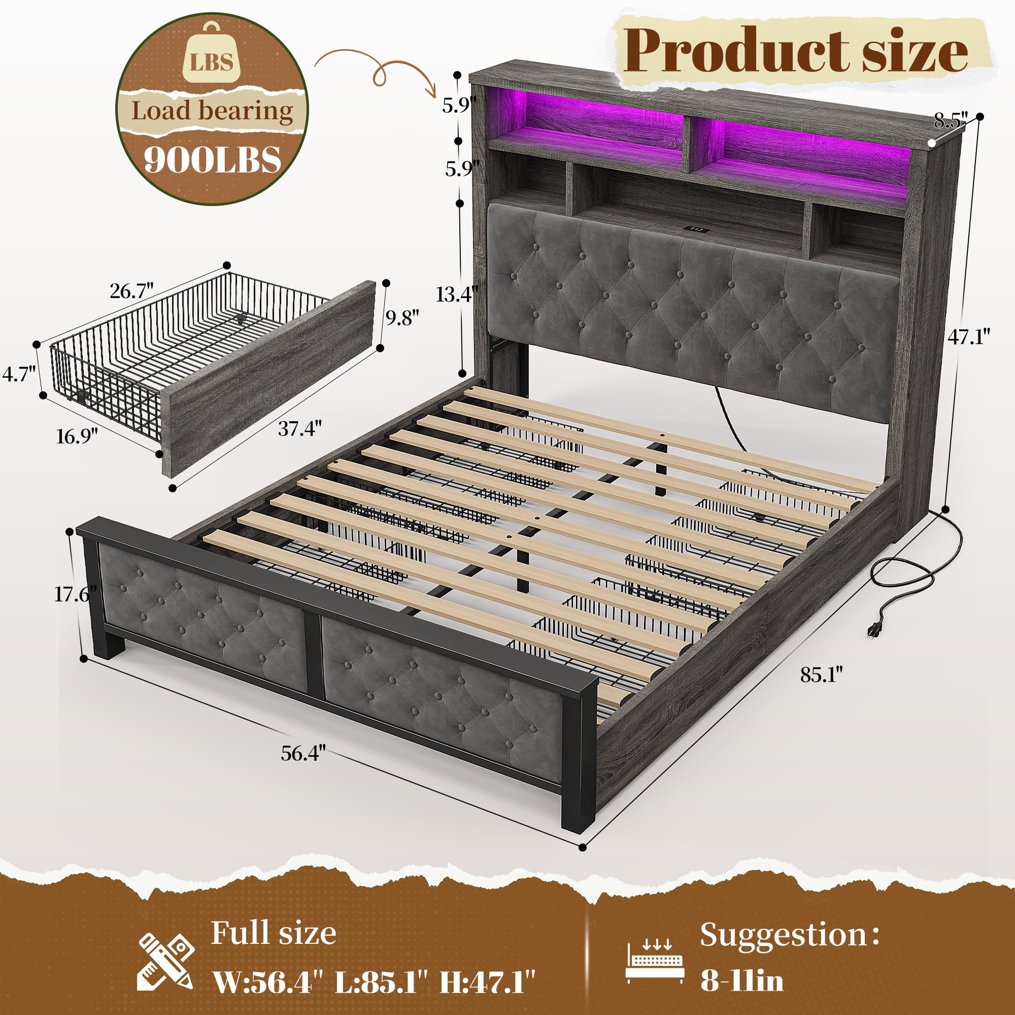 EnHomee Full Size Bed Frame with Headboard and Storage Drawers Bed Frame Full NO Box Spring Needed Full Bed Frame with 2-Tier Storage Shelf & LED Lights & Charging Station