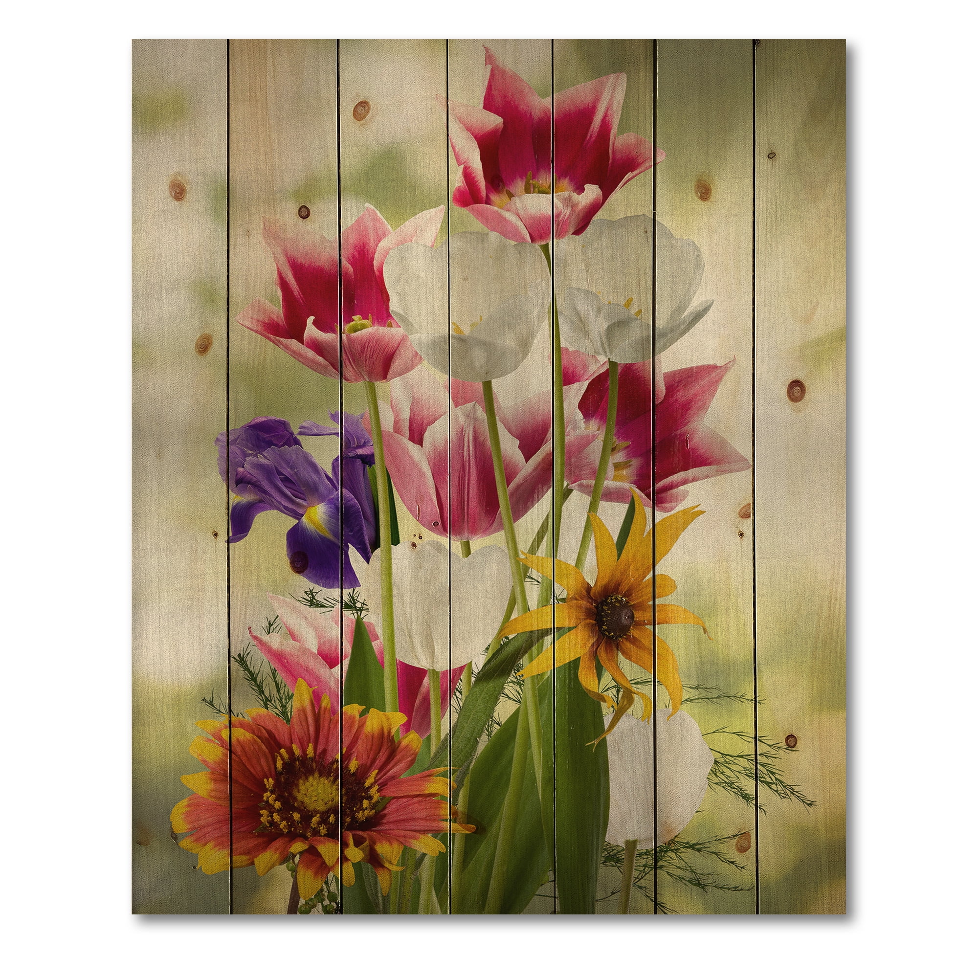 Designart 'Vibrant Purple Red and Yellow Wildflowers' Traditional Print on Natural Pine Wood
