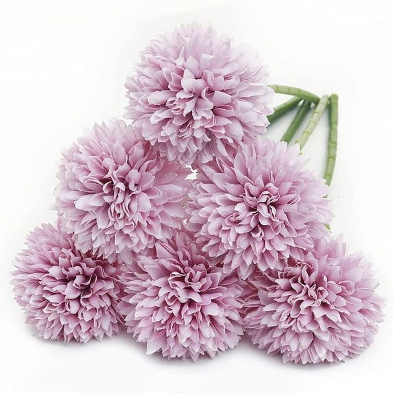 6 Pcs Artificial Flowers Fake Chrysanthemum Ball Flowers Silk Plastic Hydrangea Bridal Wedding Bouquet for Home Garden Party Wedding Decoration, Purple