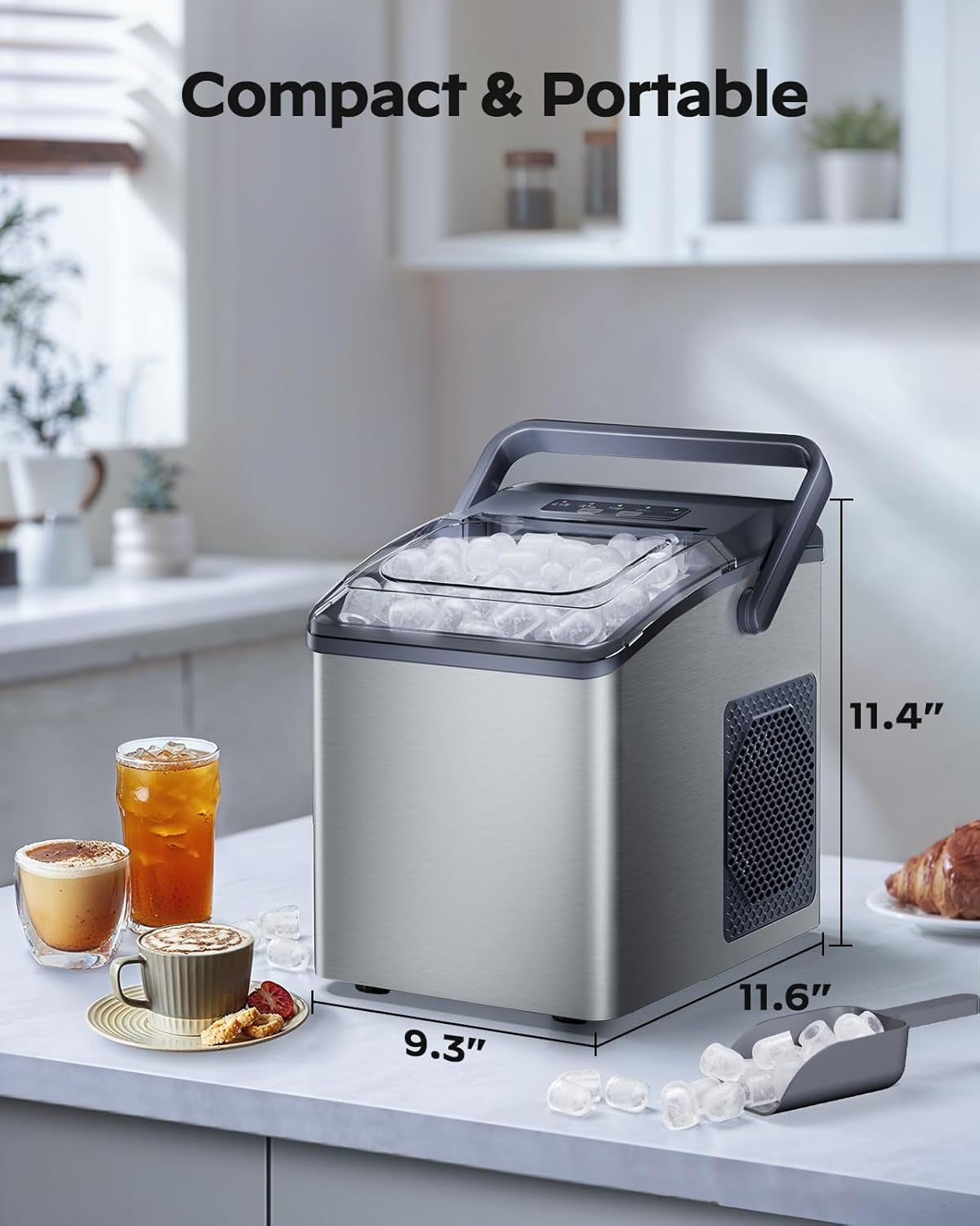 Ice Maker Countertop, 9 Cubes Ready in 6 Mins, 26 lbs per Day, Ice Machine with 2 Ice Sizes and Self-Cleaning, Portable Ice Maker with Handle for Home, Kitchen, Camping, RV, Office, Black