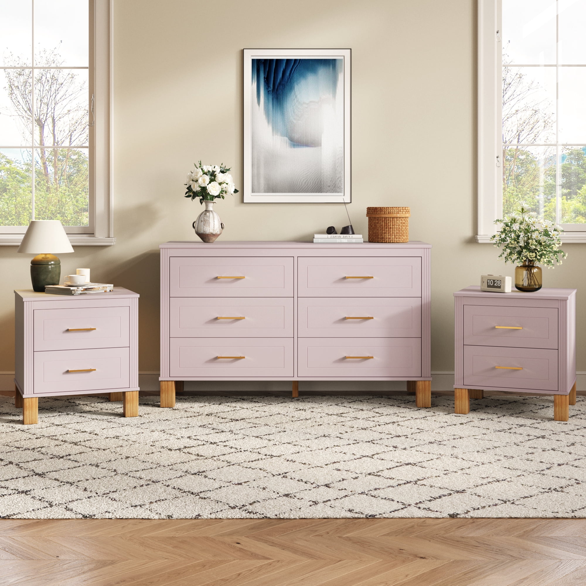 2 Drawer Nightstand, Premium Wood Storage with Elegant Fluted Design, Solid Wood Legs Nightstand with Metal Handle, Tall Bedside Table for Bedroom Living Room, Pink