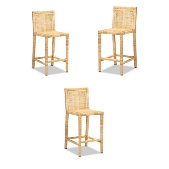 Home Square 3 Piece Handmade Wood and Rattan 26"H Counter Stool Set in Natural