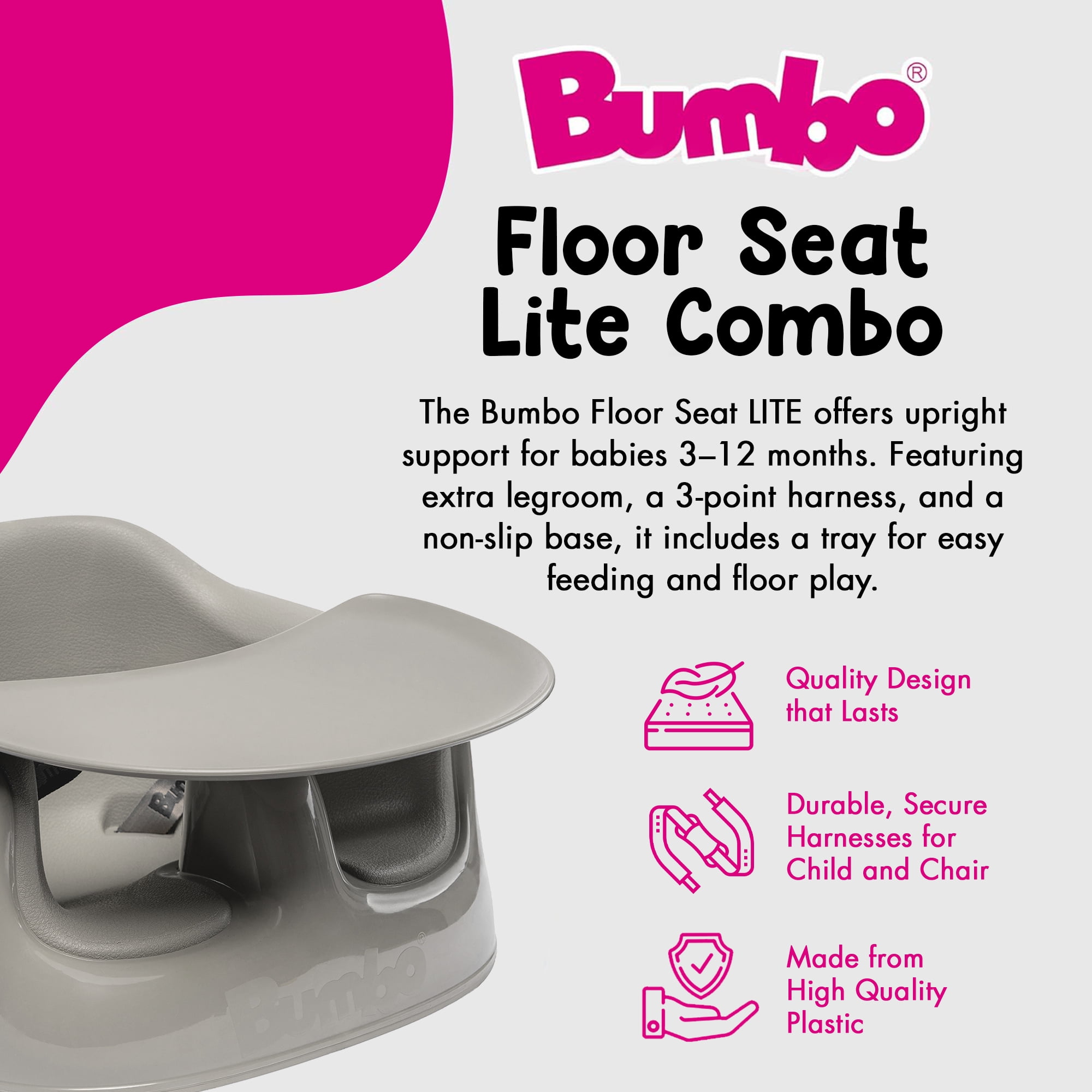 Bumbo Plastic Floor Seat Lite Baby Chair with Removable Tray for 3-12 Months, Breige