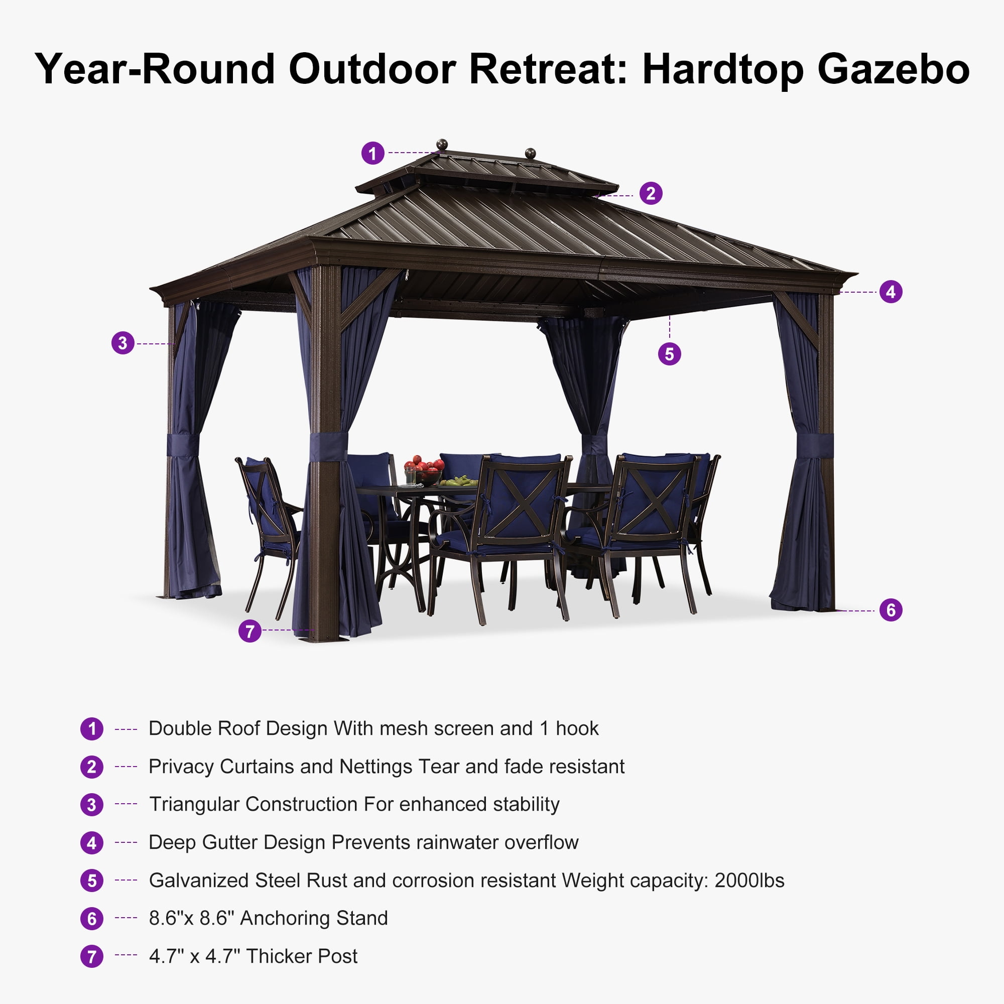 PURPLE LEAF 10' x 12' Hardtop Gazebo Galvanized Steel Roof Aluminum Frame Metal Gazebo Sun Shade Tent Outdoor Patio Permanent Pavilion with Curtains and Netting, Navy Blue