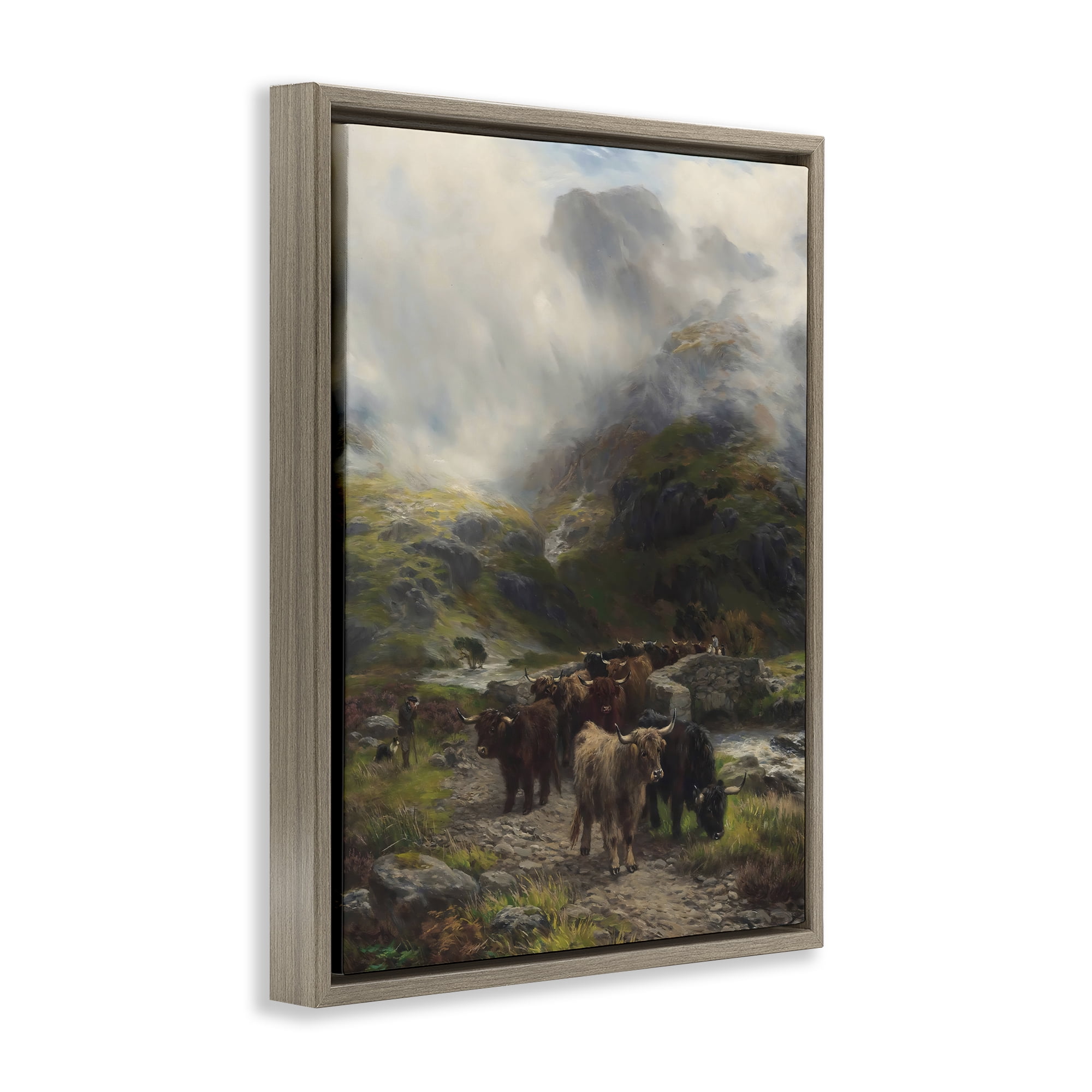 Stupell Industries Moody Highland Cows Herd Brown Framed Floater Canvas Wall Art, design by Arlington Prints
