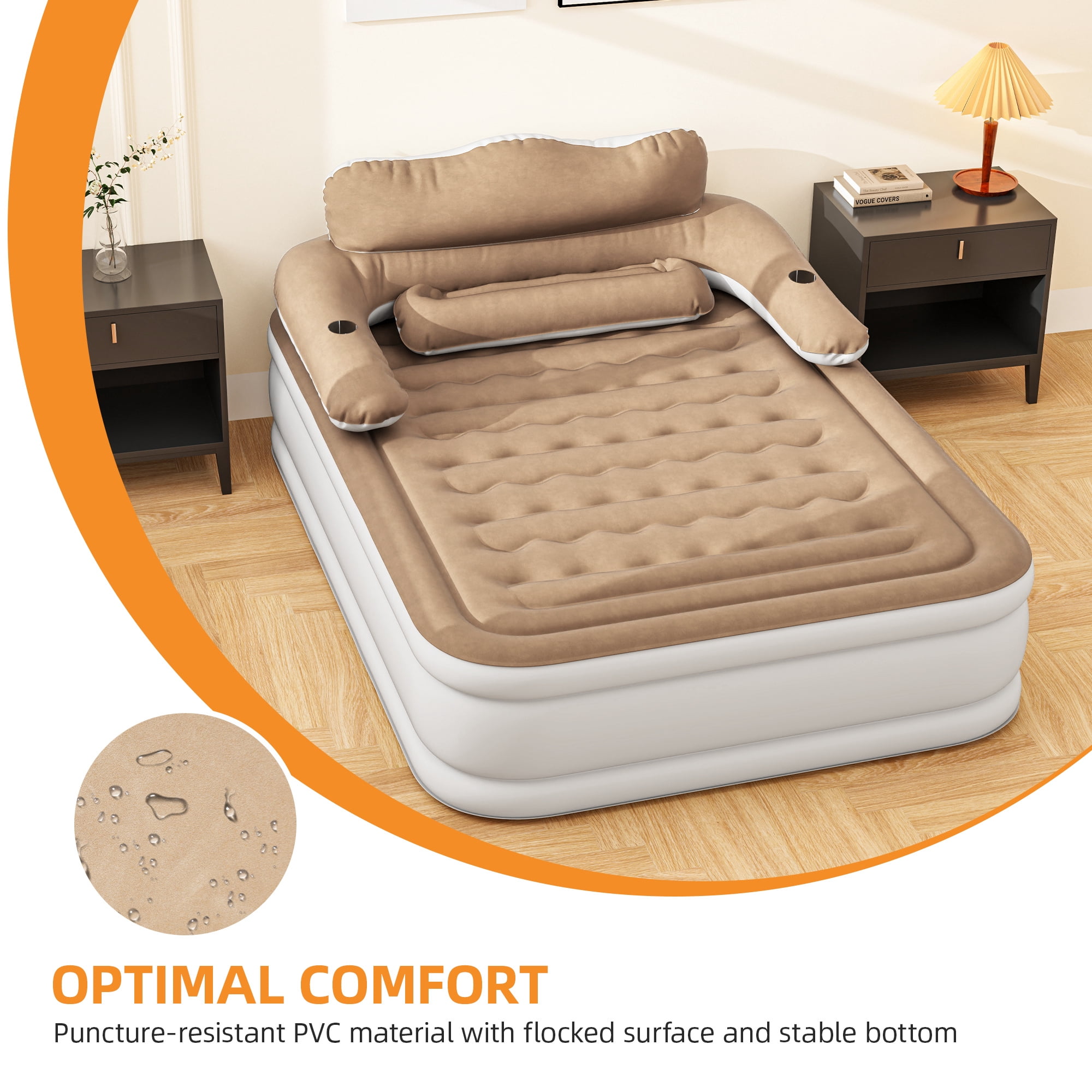 Uforic Queen Air Bed featuring Headboard, 18in Inflatable Mattress with Pillow, Portable Electric Pump, Brown - Ideal Queen Air Mattress for Camping & Home Use