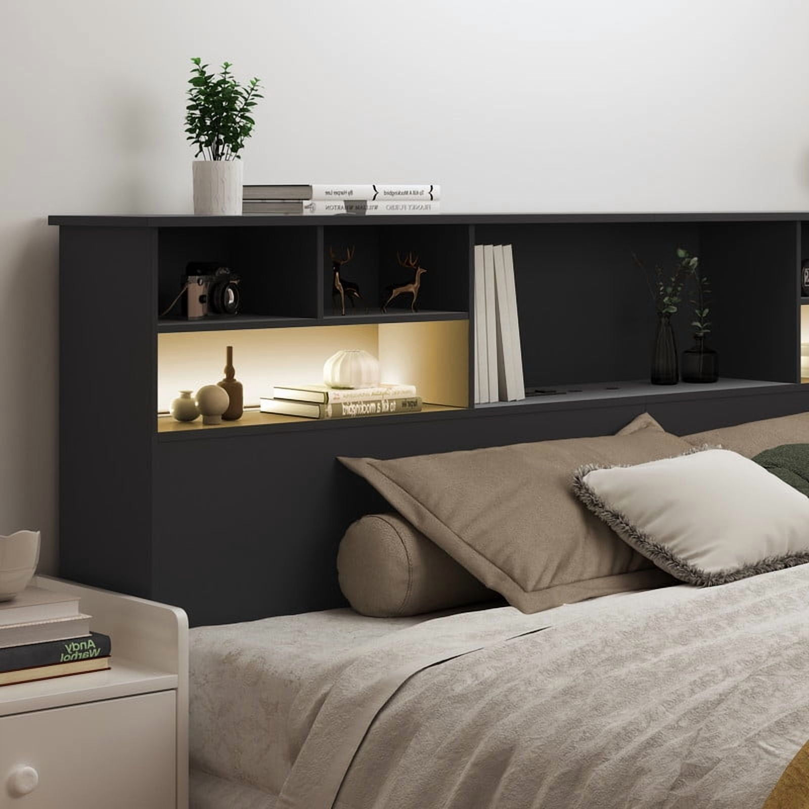 Someet Headboard for King Size with Storage, Bookcase Headboards with USB & Type-C Port & Power Outlets & 2 LED Lights, Durable and Sturdy, Black