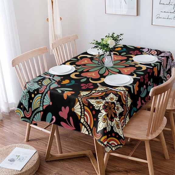 Black Boho Tablecloth Rectangle Table Cloth 60x84 , Waterproof Tablecloth Outdoor Table Cloth, Ethnic Country Colorful Abstract Floral Motifs Washable Table Cover for Kitchen Dining Party