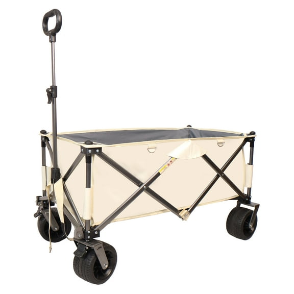 Folding Wagon Heavy Duty, Beach Wagon Cart with Wheels, Utility Wagon for Sand, Adjustable Handle & Drink Holders for Camping