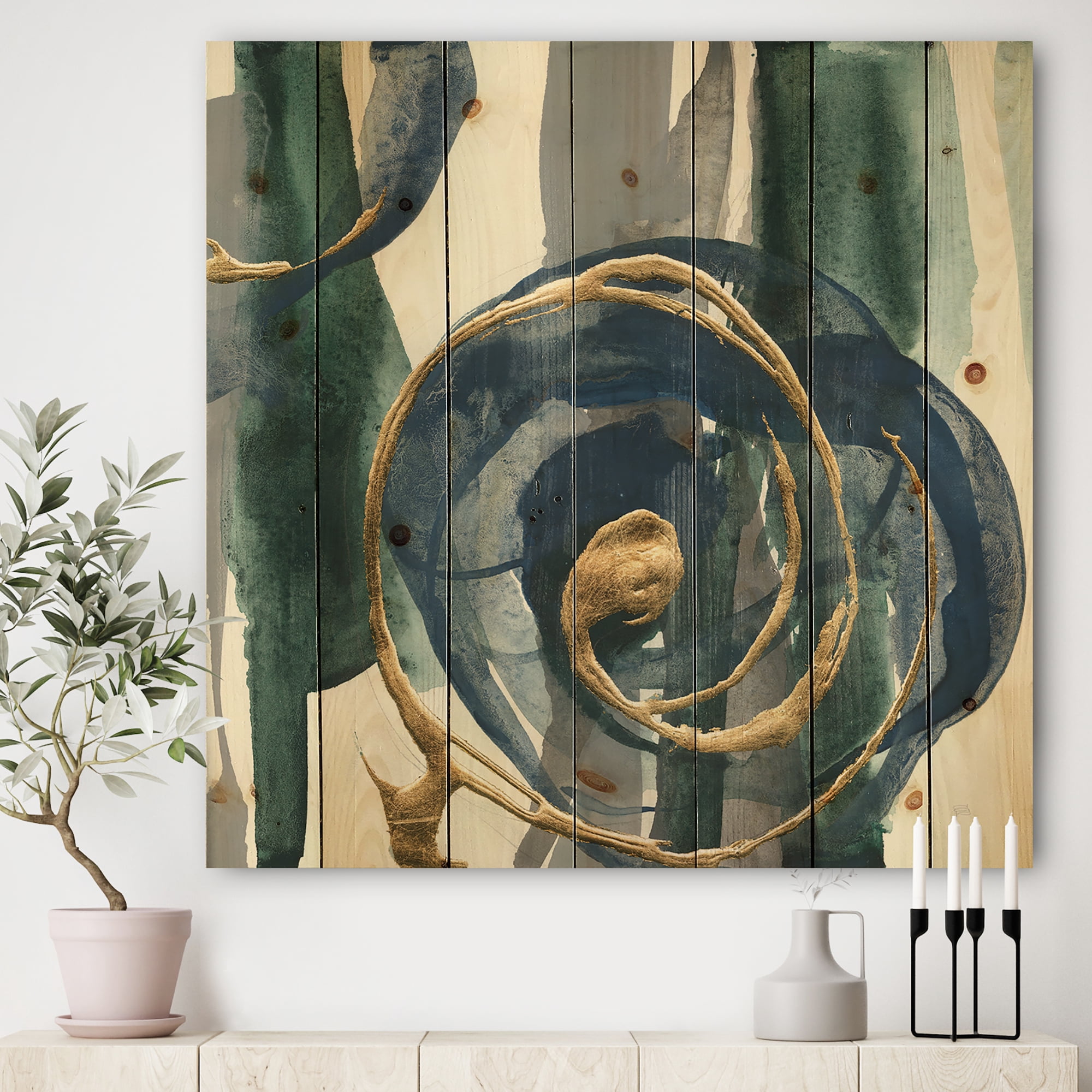 Designart 'Mettalic Indigo and Gold I' Posh & Luxe Print on Natural Pine Wood