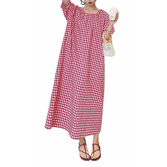 sicmoss Women's Red Cotton Striped Gingham Swing Dress Crew Neck Loose Fit Midi Lantern Sleeve