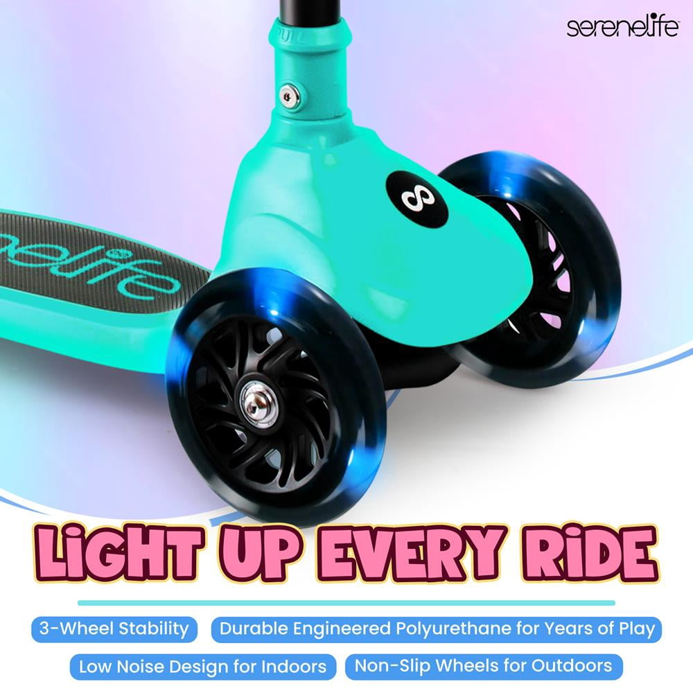 3-Wheel Foldable Kids Scooter - Child Toy Scooter with Built-in LED Wheel Lights, and Easy Maneuvering Lean-to-Steer Technology (Turquoise Blue)