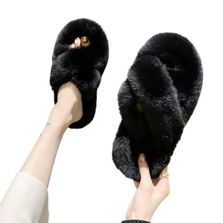 

DTOWER Autumn and Winter Women Solid Color Furry Slippers Non-slip and Wear-resistant Flat Cross House Cotton Slippers