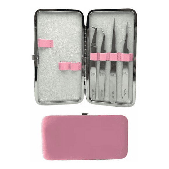 Set De 4 Pinzas Para Extensión De Pestañas 1x1 Rosa Malubero Malu1396