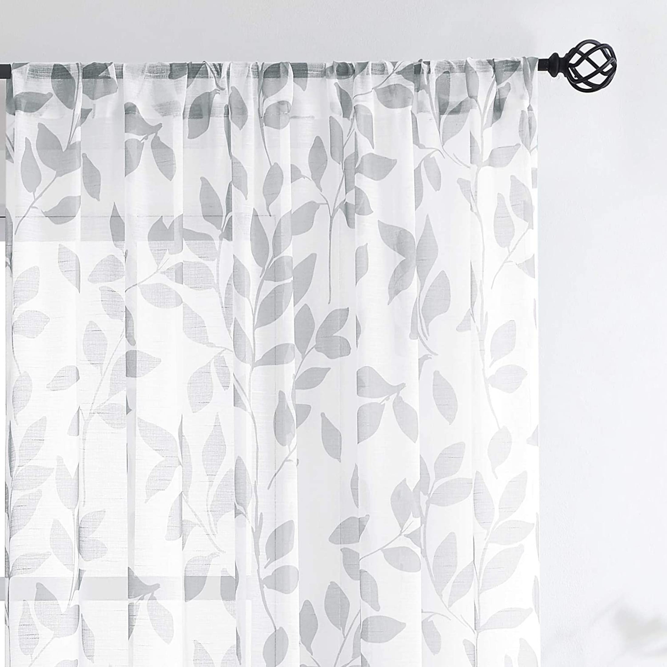 Exultantex White and Grey Sheer Curtains Leaf 84 inch Long 2 Panels Rural Garden Linen Textured, Rod Pocket