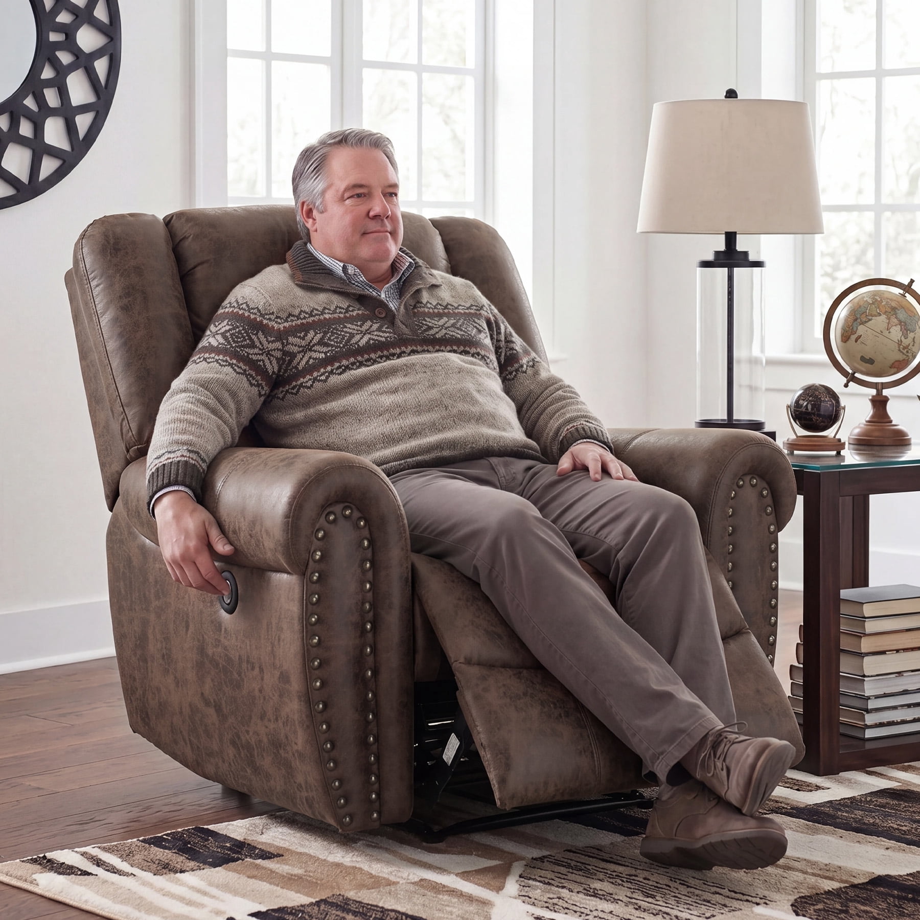 Bonzy Home Electric Power Recliner Chair, Modern Reclining Chair with Rivet Trim & USB Port, Classic Single Sofa Home Theater Recliner Seating, Brown