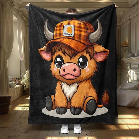 Cute Highland Cow Pattern Blanket, 1 Count Soft Throw Blanket, Air-conditioned Room Blanket, Warm Nap Blanket for Home Office Travel Camping