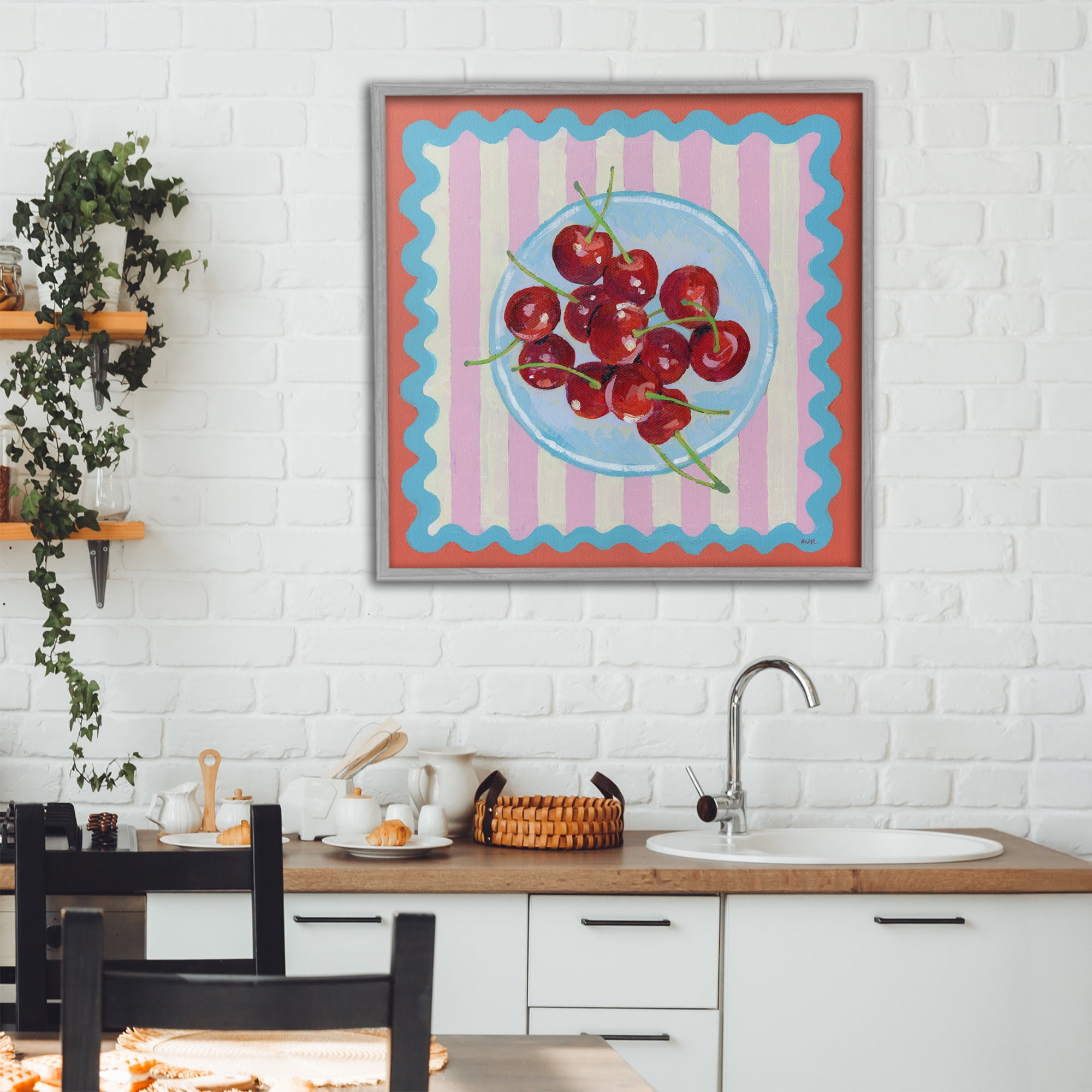 Stupell Industries Red Cherries over Pink Stripes Gray Framed Giclee Art, design by Rachael Reese