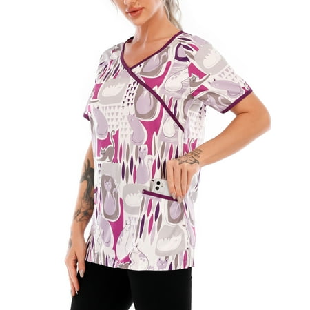 

Summer Casual Short Sleeve T-shirt Cute Floral Dog Cat Print Scrub Tops V-neck Pockets Loose Work Tunic Top Blouse Pullover