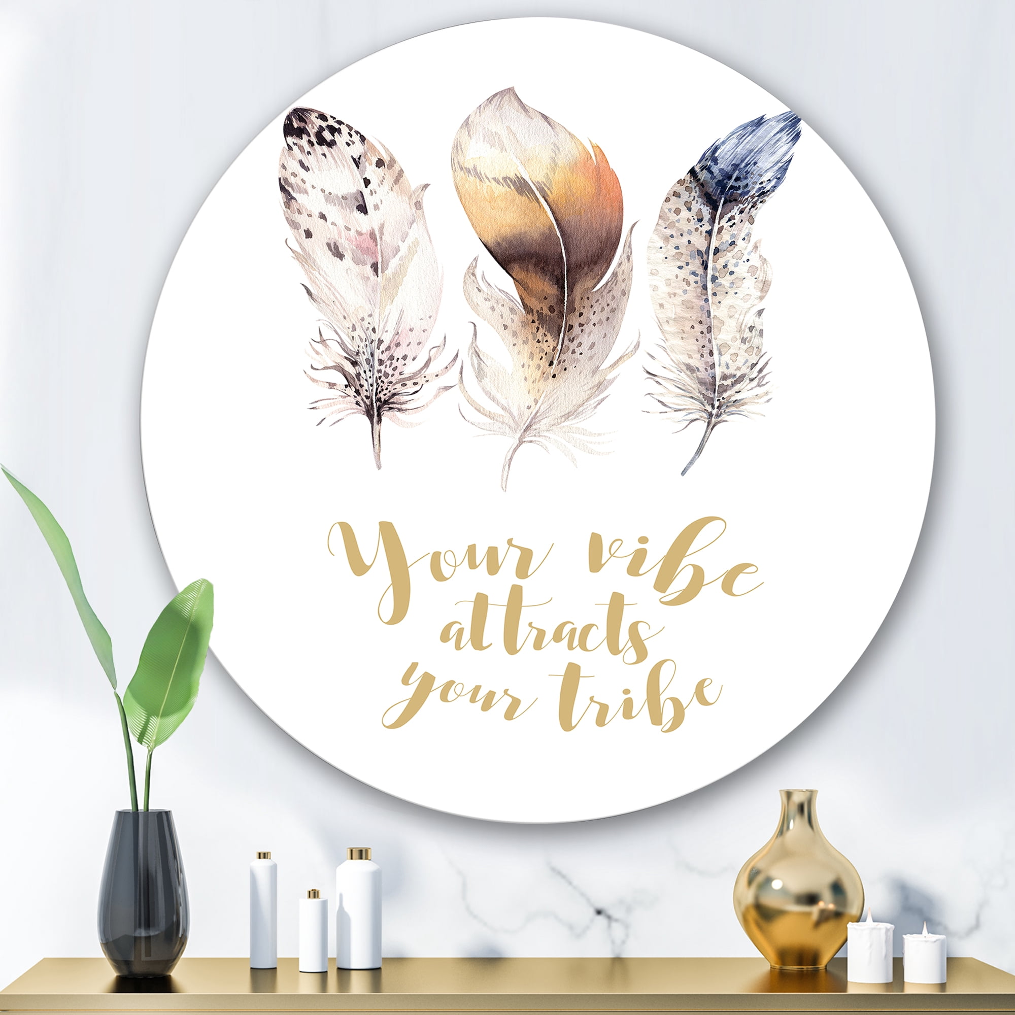 Designart 'Multicolored Ethnic Art Feathers With Inspiring Quote' Bohemian & Eclectic Circle Metal Wall Art 36x36 - Disc of 36