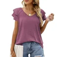 thumbnail image 3 of Camiseta de mujer de estilo nuevo de verano 2024, color sólido, cuello en V, doble capa, borde con volantes, tops ajustados, Amazon Europa, ropa cruzada, 3 of 4