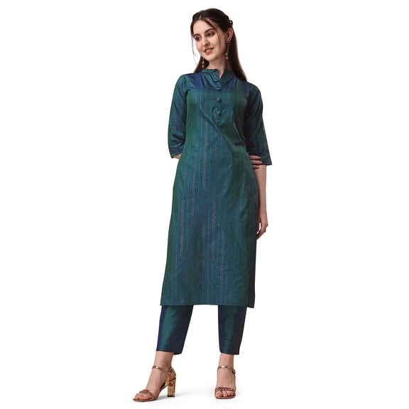 PF THE FASHION TRENDZ Women's Art Silk Straight Kurta with Pants, Blue Striped Pattern, 3/4 Sleeves, Mandarin Collar Ethnic Set. (in, Alpha, 3XL, Green)