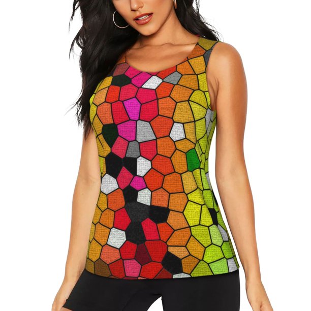Fotbe Colorful Tie Dye Stained Glass 1 Blusas Sin Mangas para Mujer – Estilo Casual, Corte Suelto, Slim-Fit, Cuello Redondo Deportivo, Tops de Verano para Gimnasio y Yoga-Large