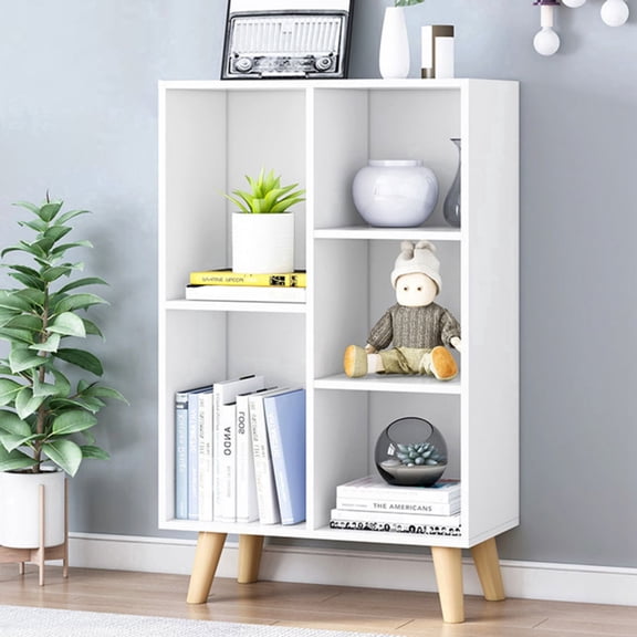 IOTXY Simple Bookcase with Legs - 3 Tier 5 Cubes Freestanding Low Display Cabinet, Warm White