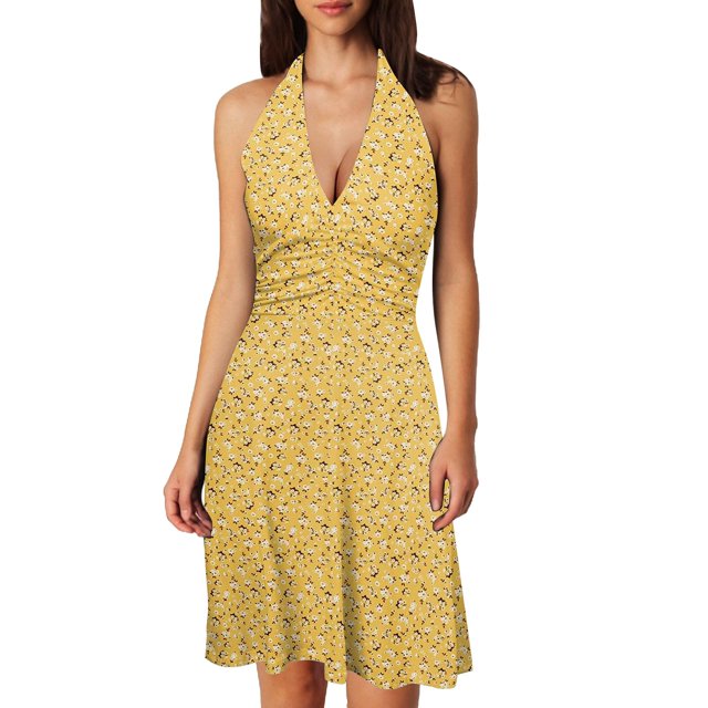Women Summer Sleeveless Neck Summer Casual Dress Spring Boho Floral with Petite Maxi Dresses Pocket Elastic Waist Ruffle Tween Casual Dresses Mini Dresses