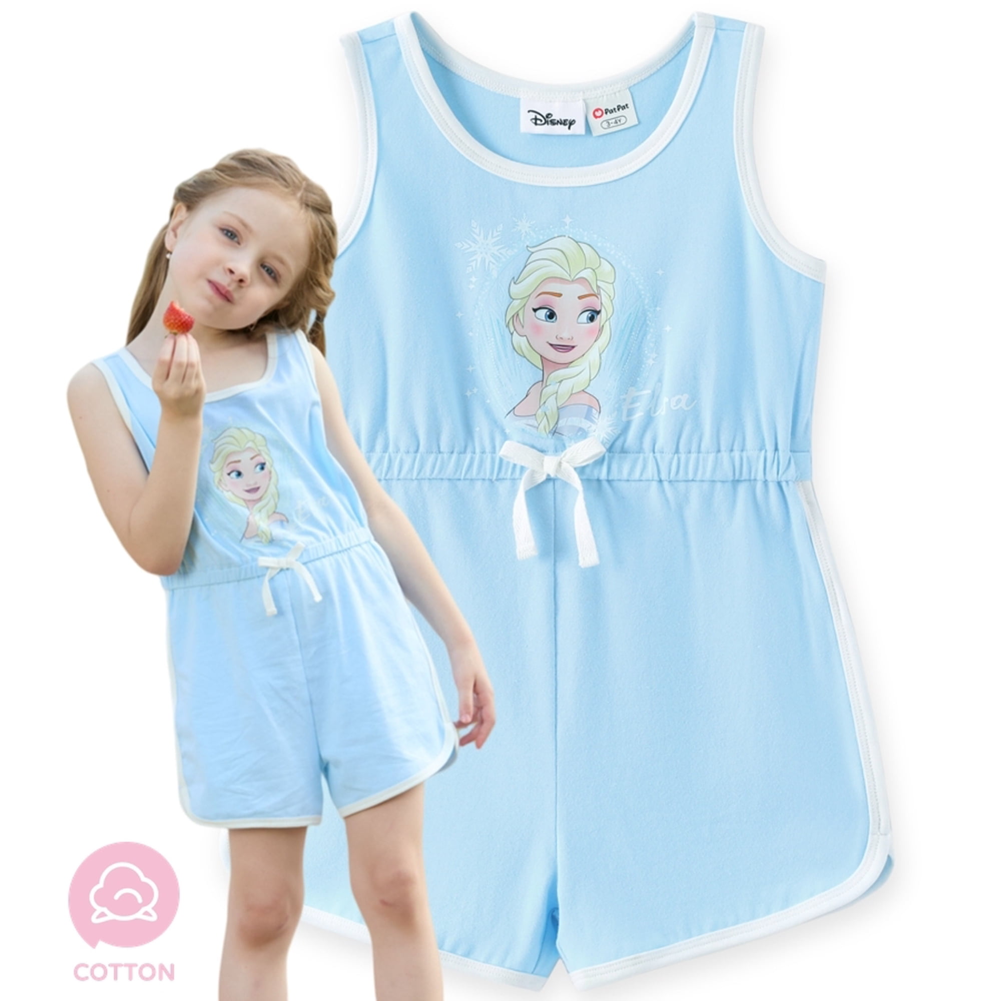 Disney Frozen Girls Rompers Cotton Elsa Graphic Bow Blue Crewneck Sleeveless Jumpsuits Outfits Toddlers Kids 3-4T
