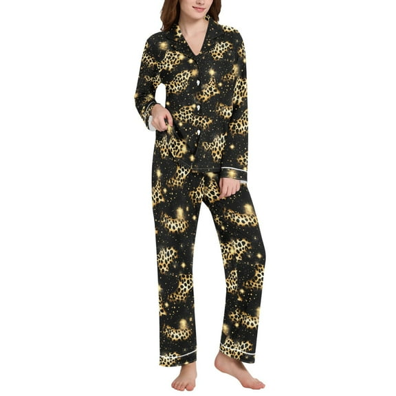 joogoo Pajamas Set for Women Golden Leopard Print Long Sleeve Pjs Loungewear L