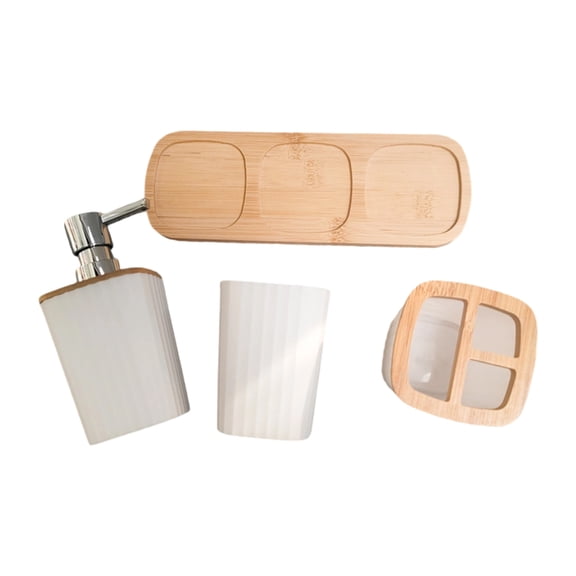 Modern 4Pcs Bathroom Accessory Wood Base Trash Can Liquid Hand Soap Dispenser