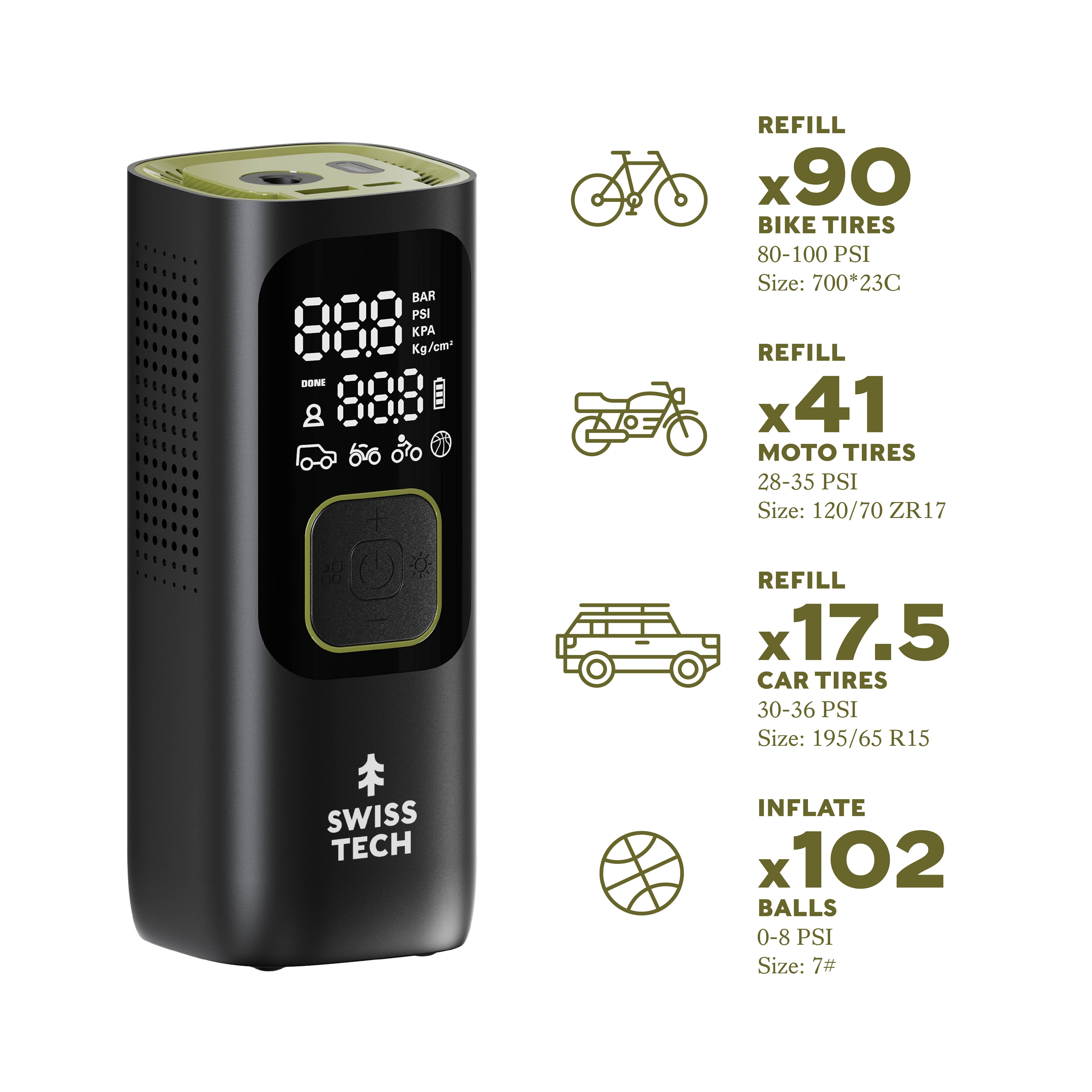 Swiss Tech Portable Cordless Tire Inflator with Digital Display and LED Light, 160 PSI Capacity
